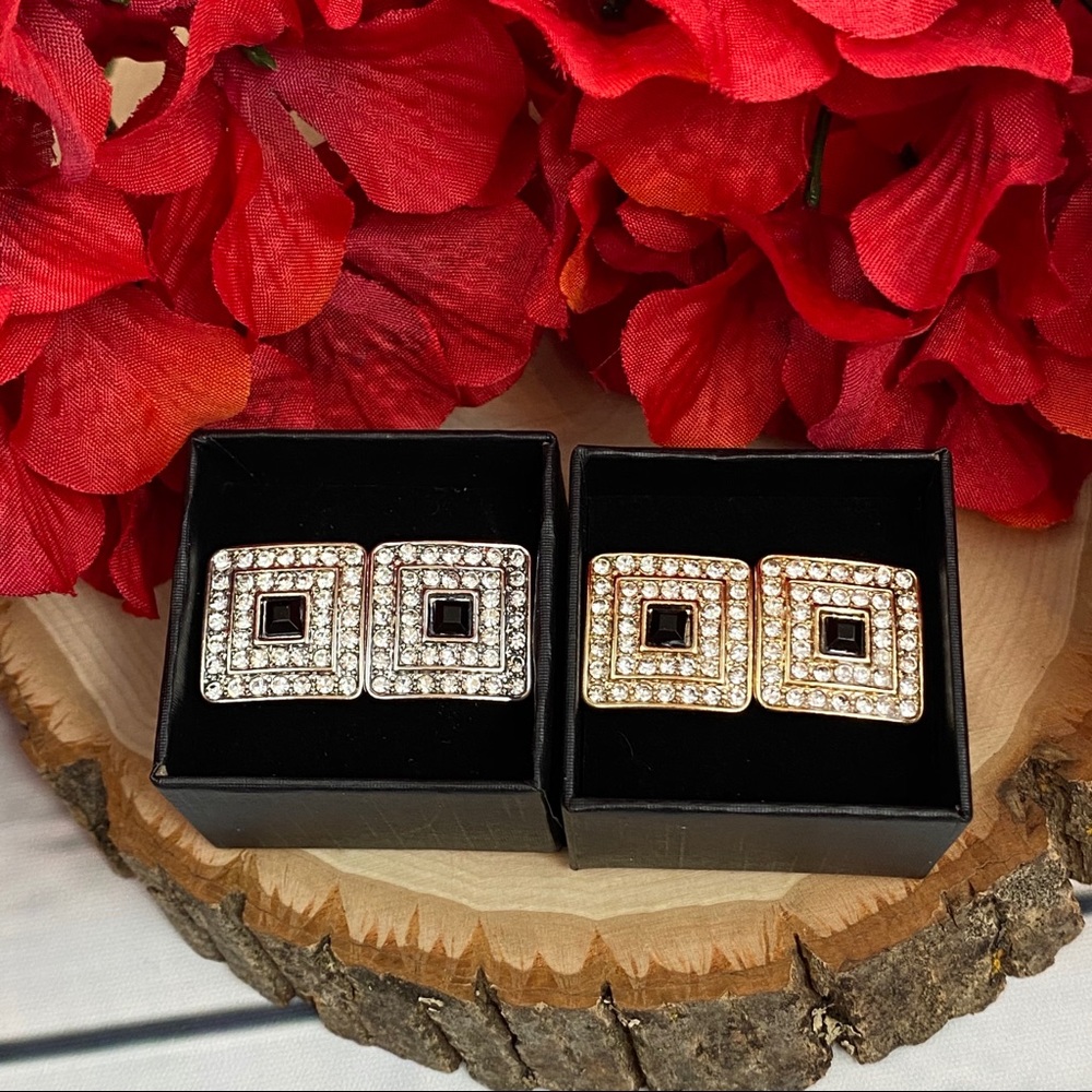 Square Cufflinks with Black & Silver Crystals - Picture 7 of 16